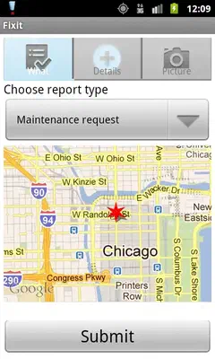 FixIt! report screen: choosing a report type of &ldquo;Maintenance request&rdquo;, with the location marked on a map of downtown Chicago