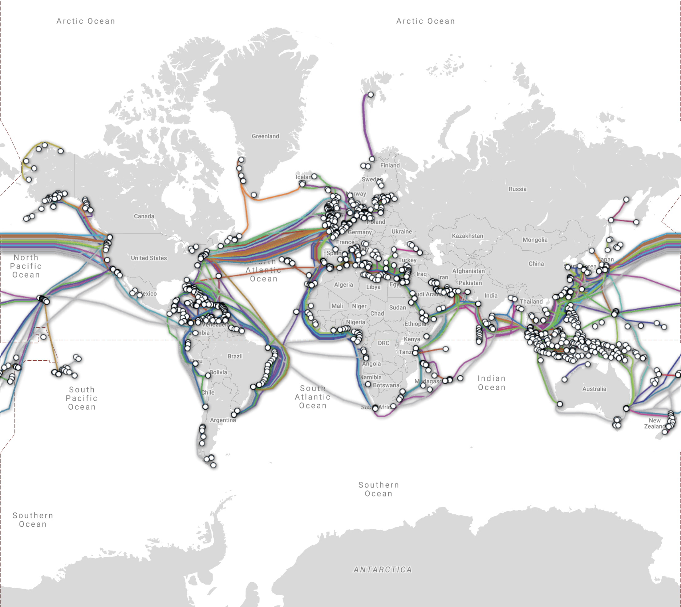 Submarine Cable Map as of 2018 (Source: Telegeography)